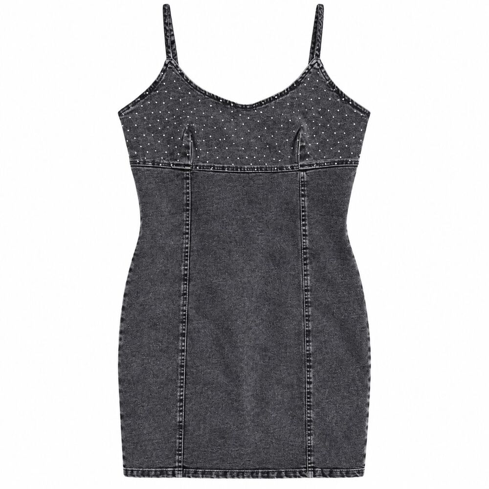 Denim Obsessed Womens Bodycon Mini Dress L Rhinestone Studded Y2K Black Stretch